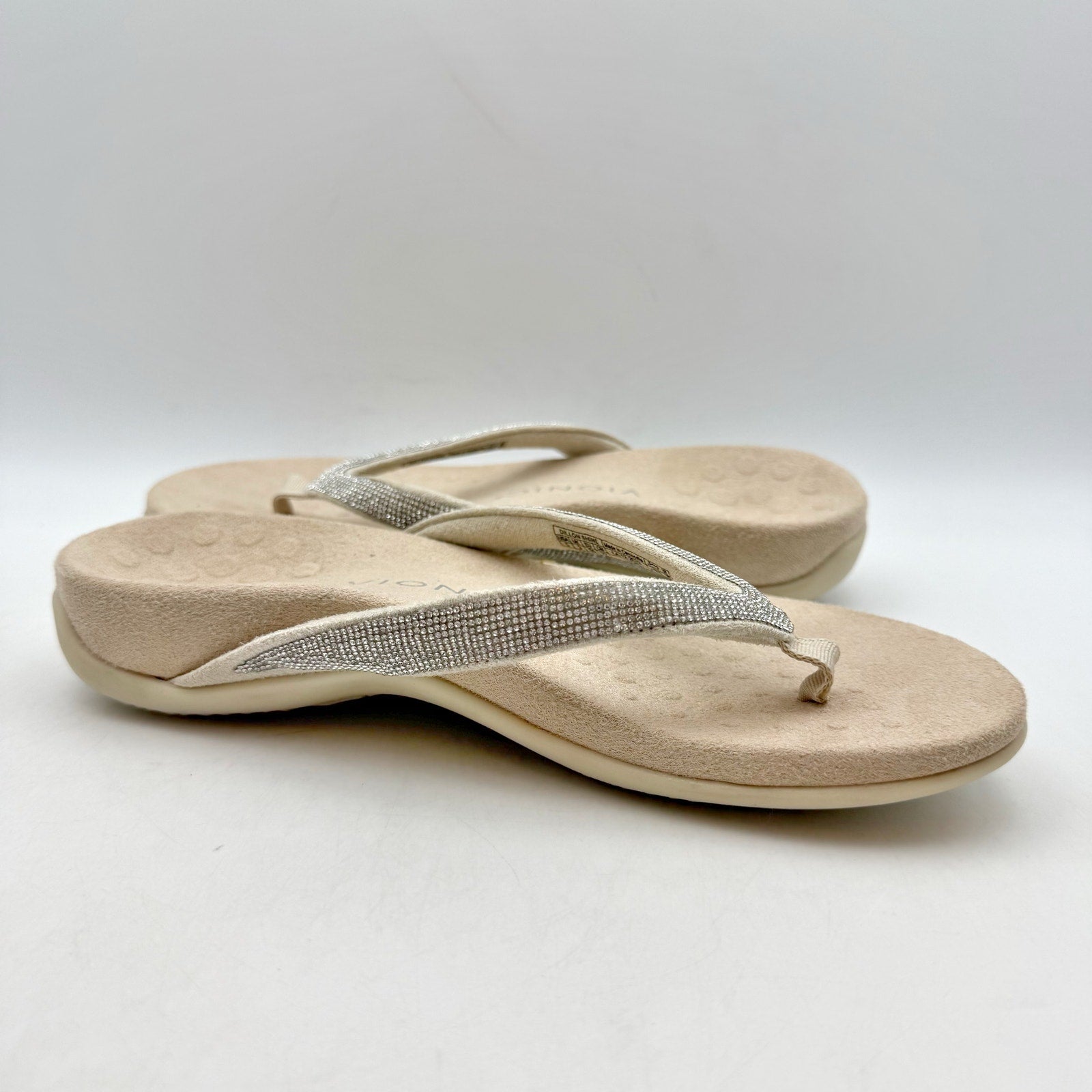 VIONIC Womens Dillon Shine Sandals US 5 WIDE EU 35 Cream Rhinestone Slip On NWOB