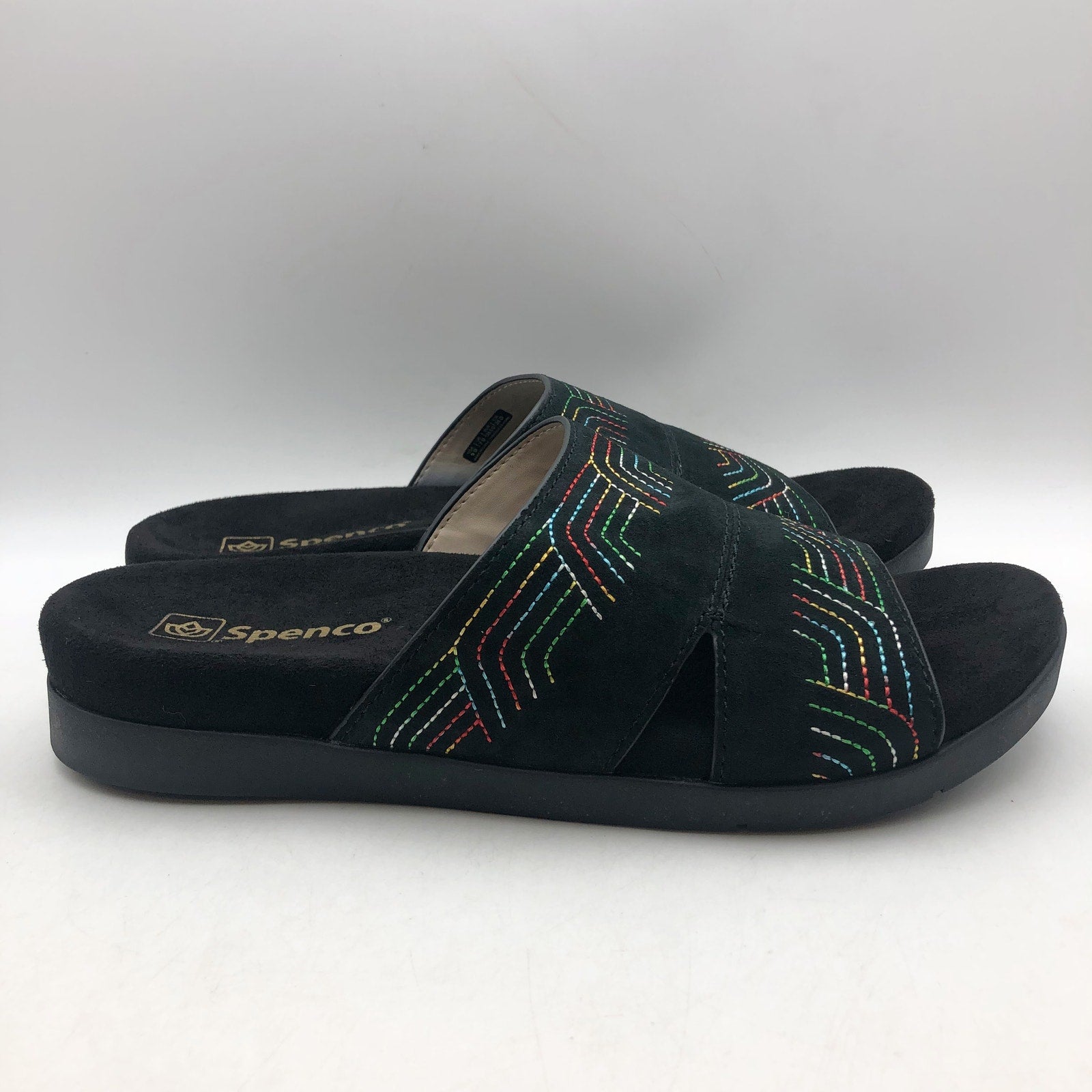 Spenco Womens Twilight Ellie Slide Sandals US 9 WIDE Black Space Dye Leather NIB