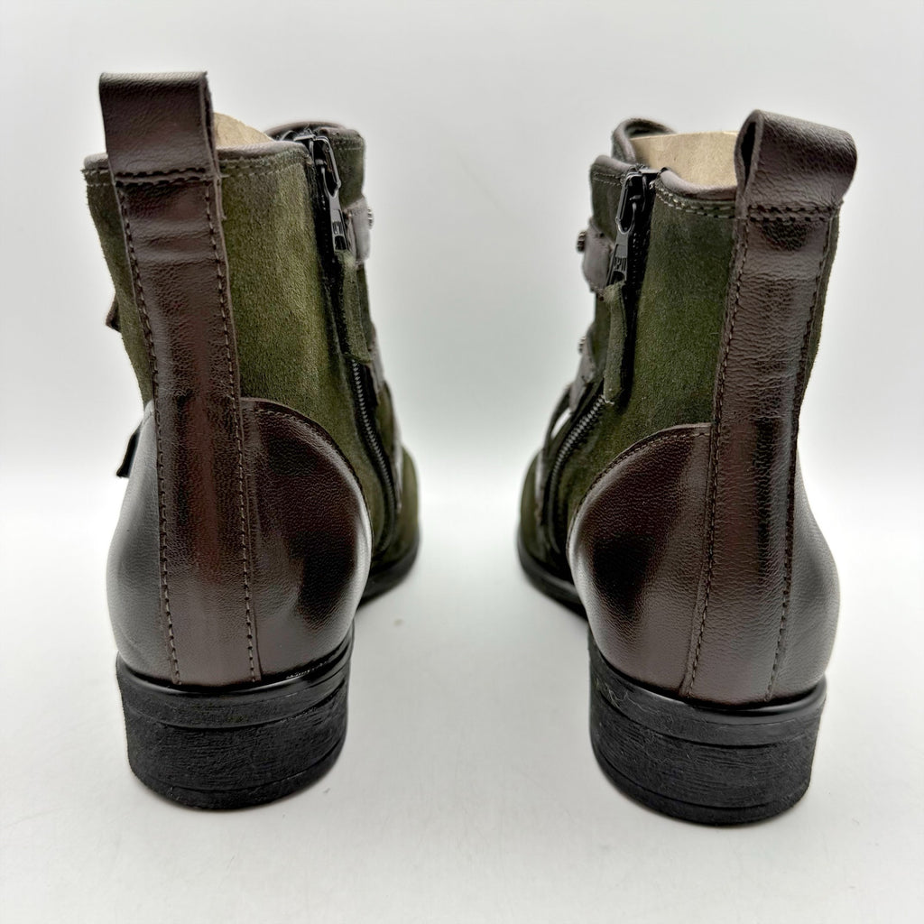 Miz Mooz Womens Sherri Ankle Boot EU 36 WIDE US 6 Green Brown Leather Buckle NIB