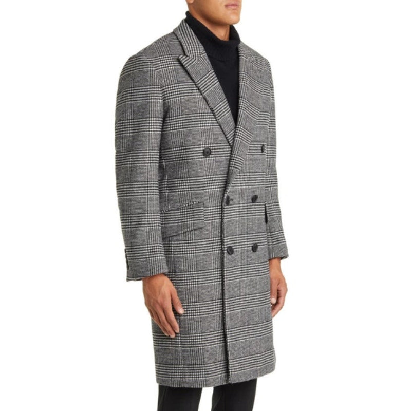 NORDSTROM Men's Glen Wool Blend Topcoat XL Black White Plaid XL NWOT