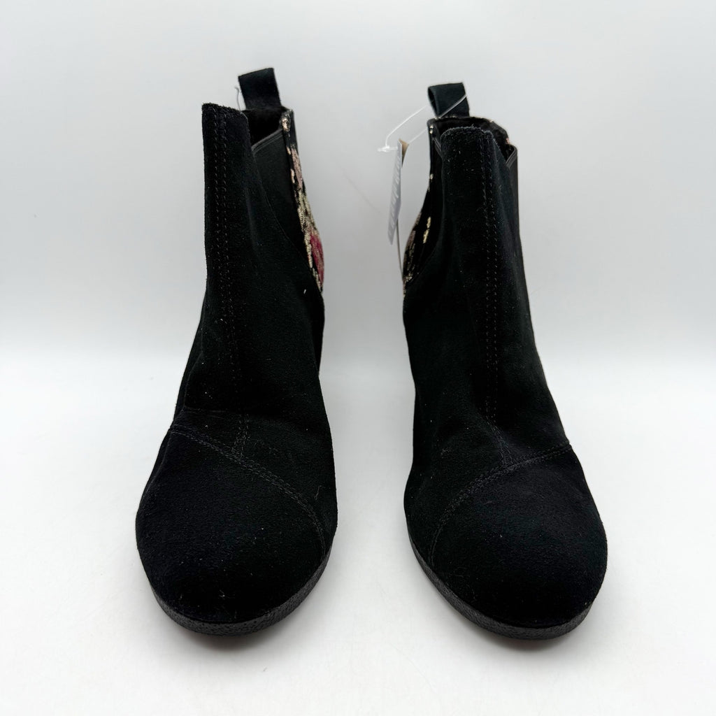 TOMS Womens Kelsey Graphic Wedge Booties US 10 Black Floral Suede Ankle NWOB