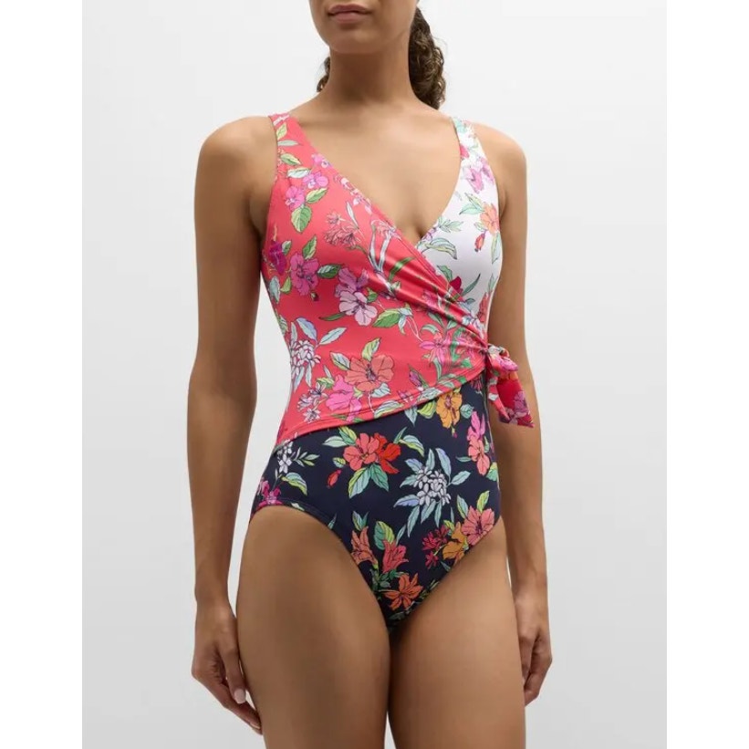 TOMMY BAHAMA Summer One-Piece Swimsuit Small Pink Black Floral Wrap-Front NWT