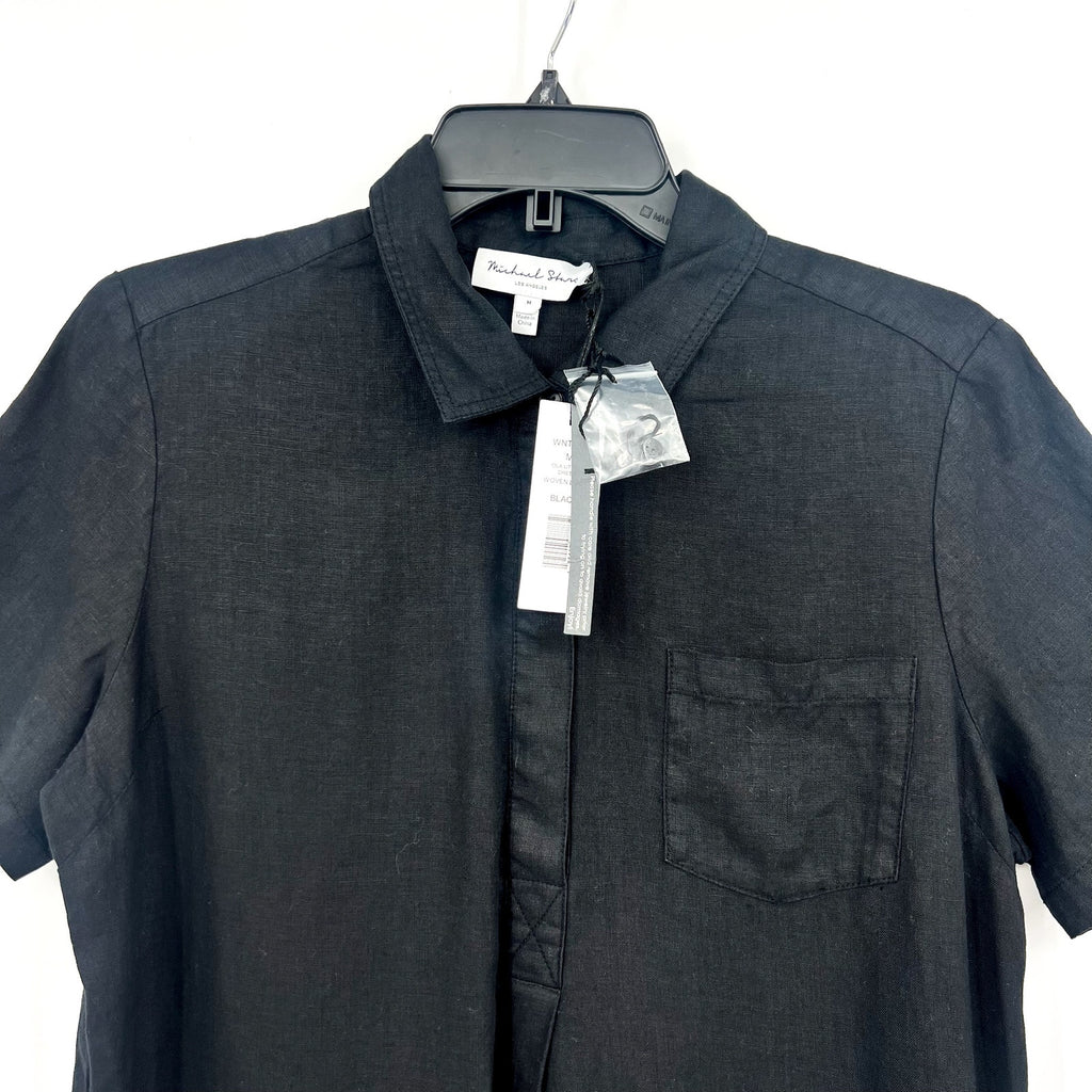 MICHAEL STARS Women's Ola Utility Dress Medium Black Short Sleeve Linen NWT