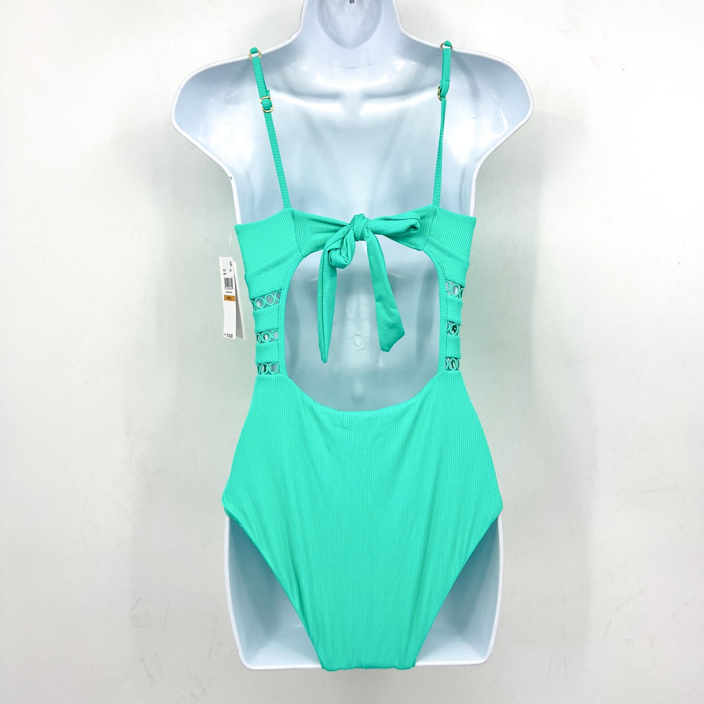 BECCA Modern Edge Toni One-Piece Swimsuit Medium Aqua Sea Green Rib Plunge NWT