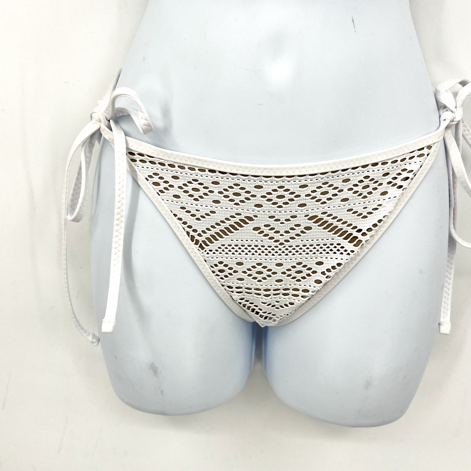 BECCA Virtue Color Play Crochet Tie Side Bikini Bottom Medium White/Tan NWT