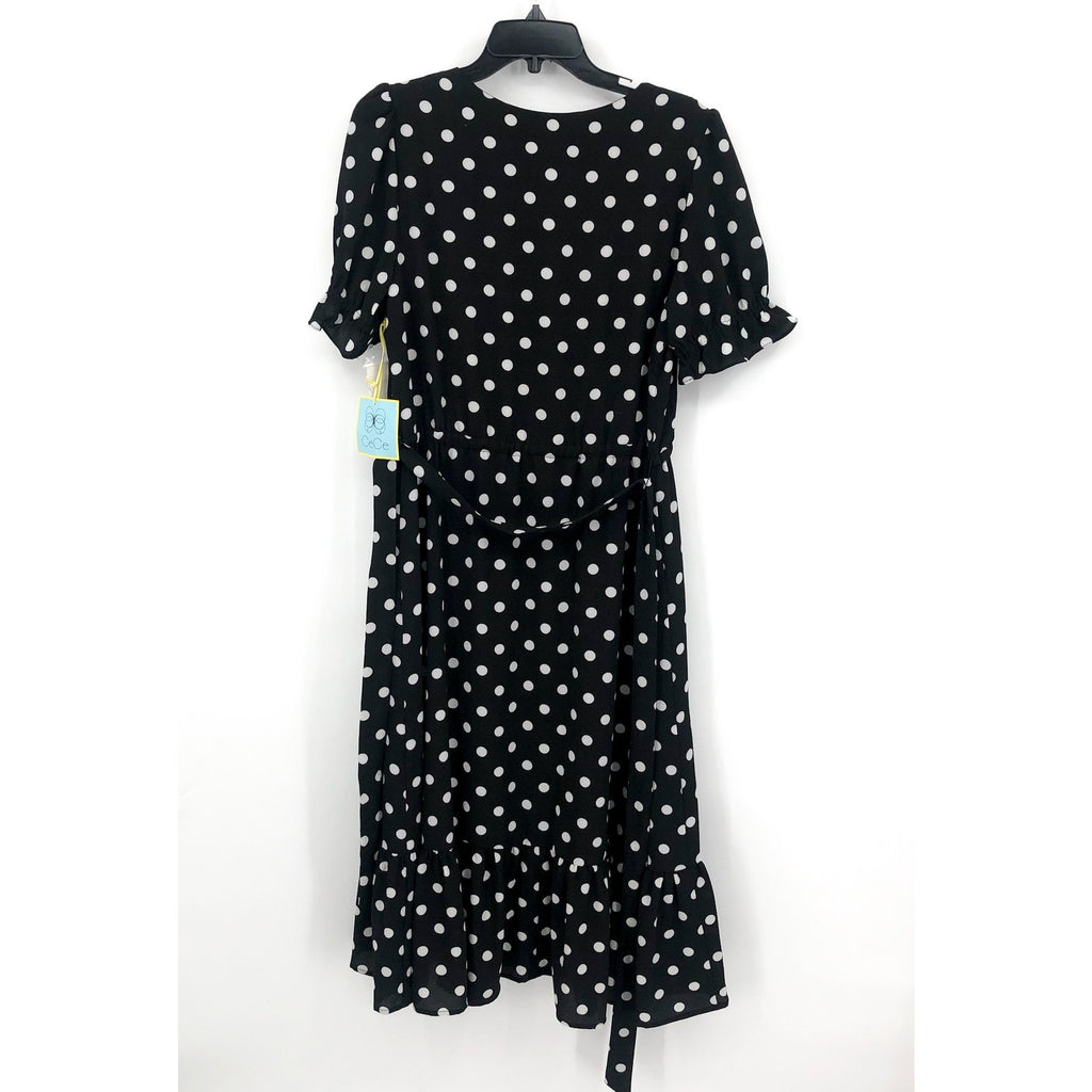 CECE Womens Polka Dot Midi Dress Size 12 Black White Tie Waist Button Front NWT