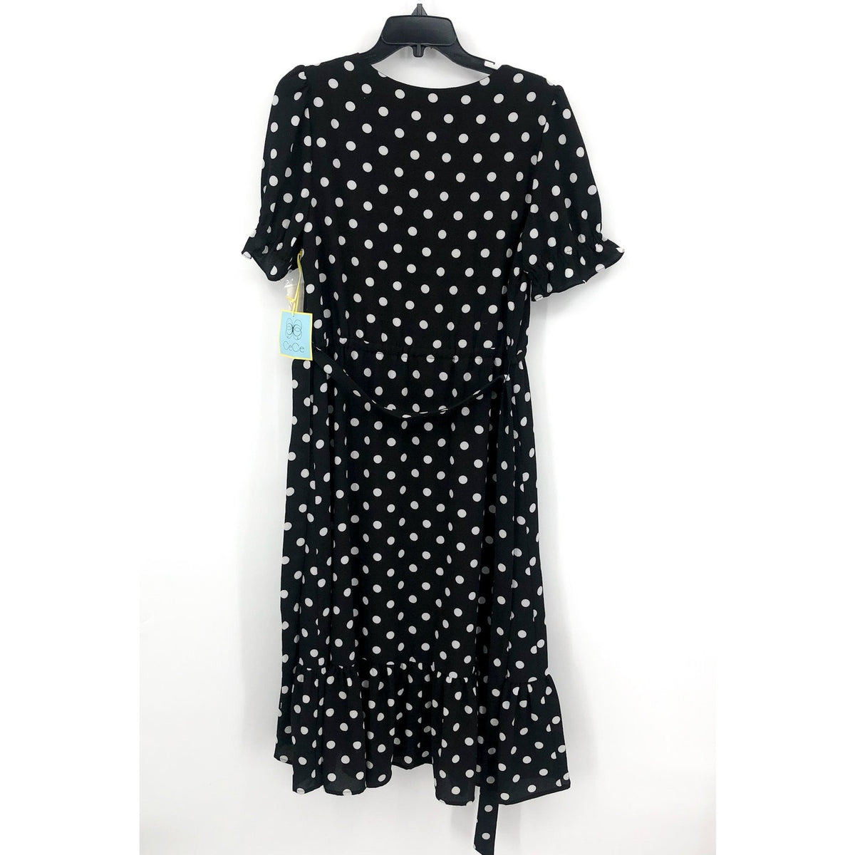 CECE Womens Polka Dot Midi Dress Size 12 Black White Tie Waist Button Front NWT