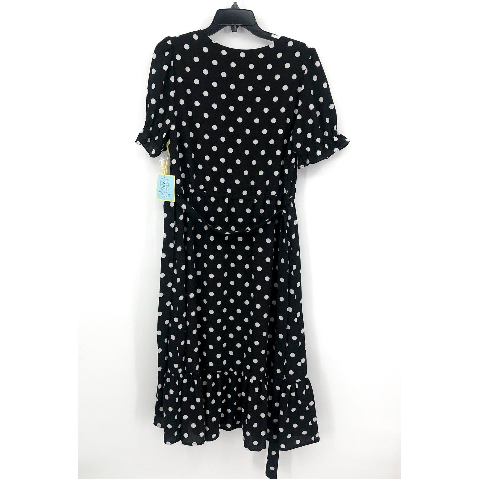 CECE Womens Polka Dot Midi Dress 12 Black White Tie Waist Button Front NWT