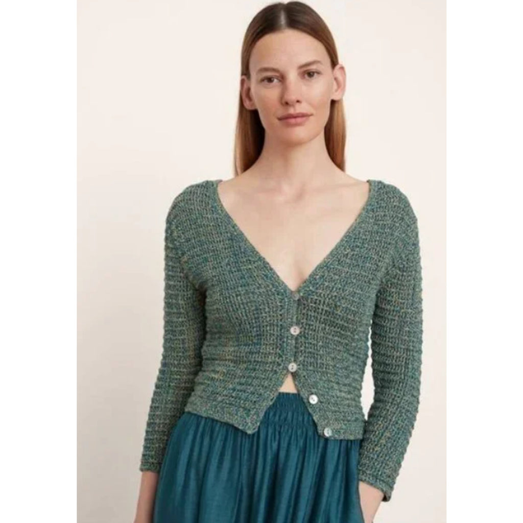 VINCE Women's Marled Crochet Cardigan Green Marl Small V-Neck Cotton NWT