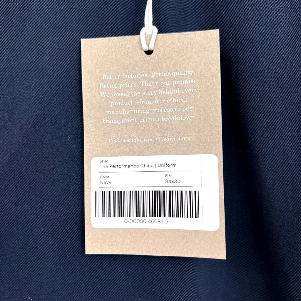 EVERLANE Uniform Mens Performance Chino Pants 34x30 Navy Blue Athletic Fit NWT
