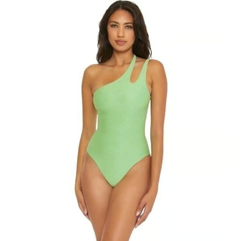 BECCA Glimmer Sparkly One Shoulder One Piece Swimsuit Medium Lime Green NWT