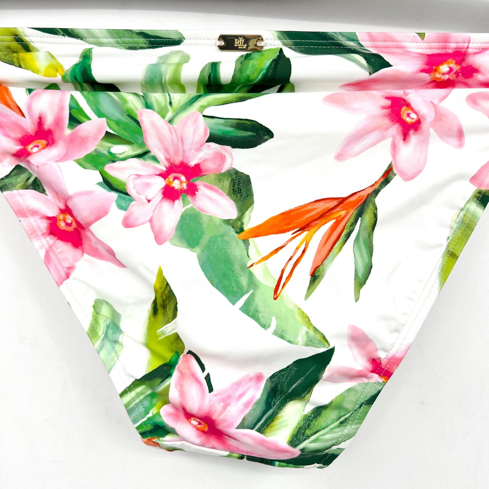 LAUREN RALPH LAUREN Hipster Bikini Bottom Size 16 White Pink Floral Side-Tie NWT