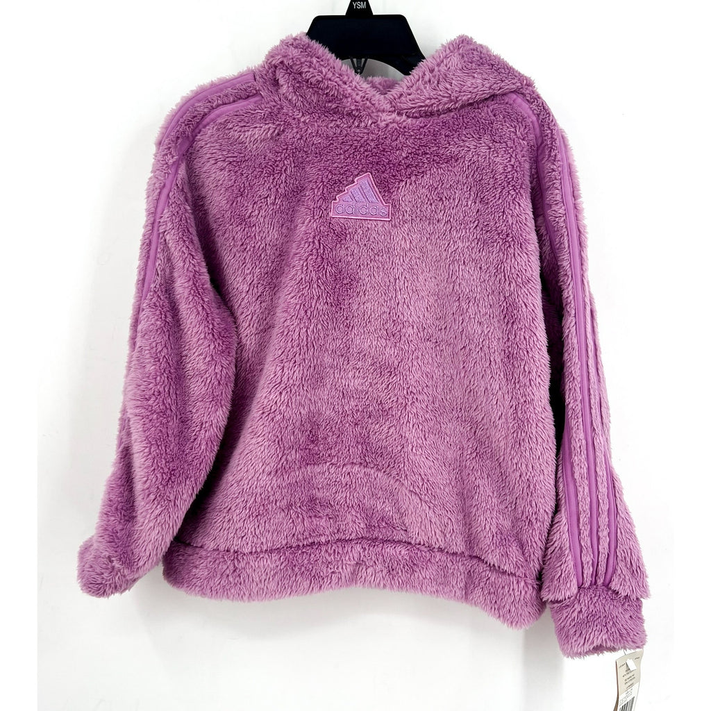 ADIDAS Girls Cozy Sherpa Hood Pullover Sweatshirt Large Purple Fuzzy NWT