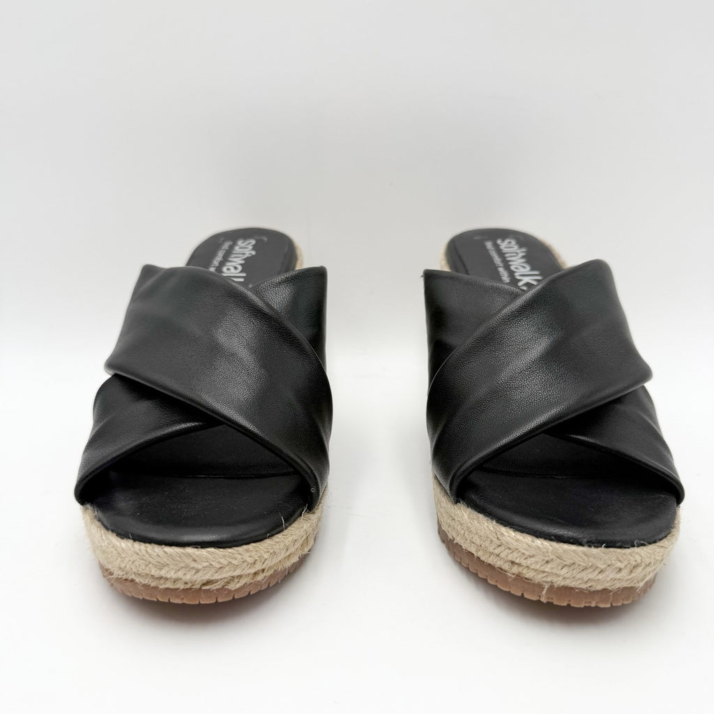 SoftWalk Womens Halsey Wedge Sandal Size 7.5 NARROW Black Leather Espadrille NIB