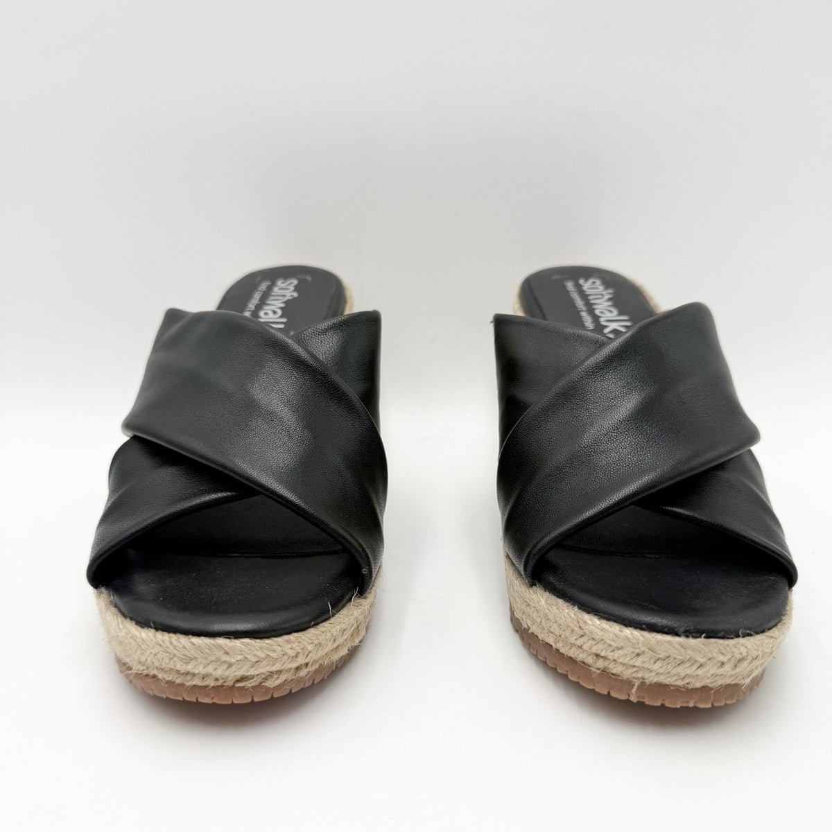 SoftWalk Womens Halsey Wedge Sandal Size 7.5 NARROW Black Leather Espadrille NIB
