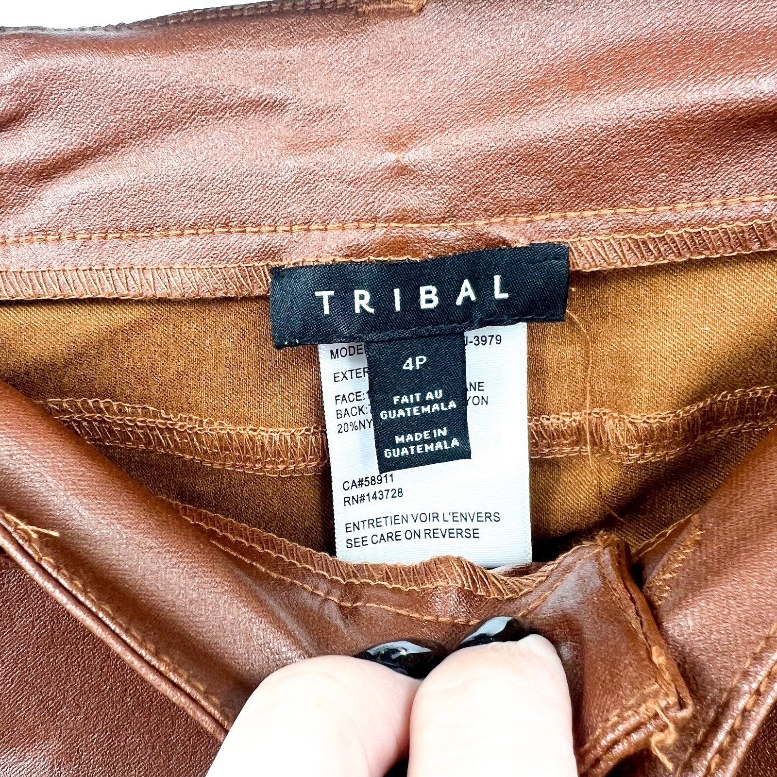 TRIBAL Womens Vegan Leather Pants US 4 Petite Brown Walnut Straight Leg NWT