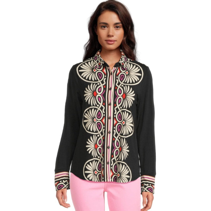 Johnny Was Womens Janie Favorite Button Front Shirt Small Black Print Siera NWT