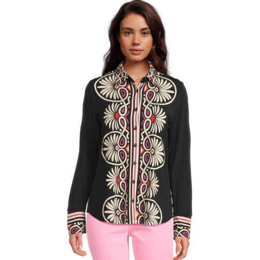 Johnny Was Womens Janie Favorite Button Front Shirt Small Black Print Siera NWT