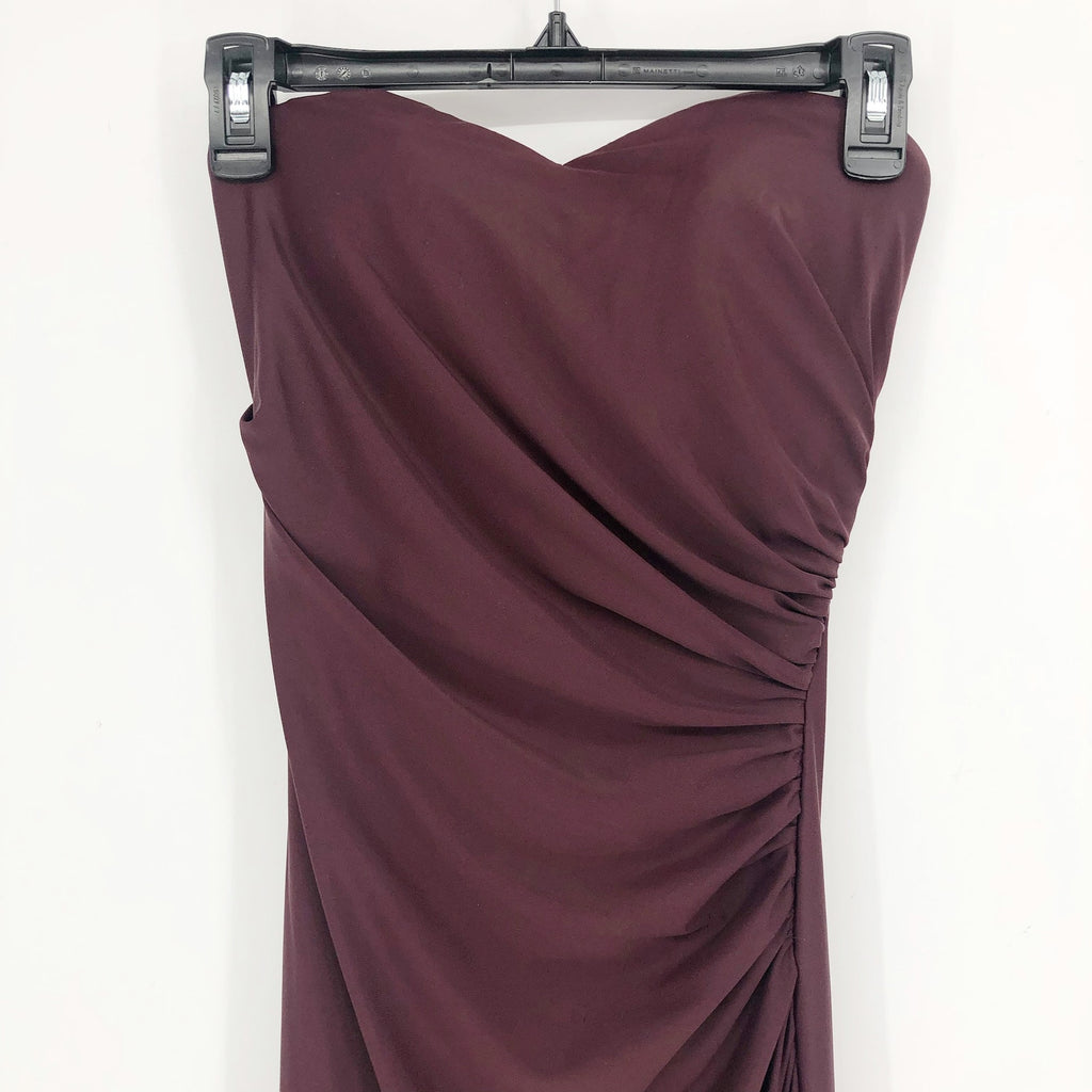 La Femme 29489 Ruched Long Gown Dress 00 Maroon Red Strapless High Slit NWOT