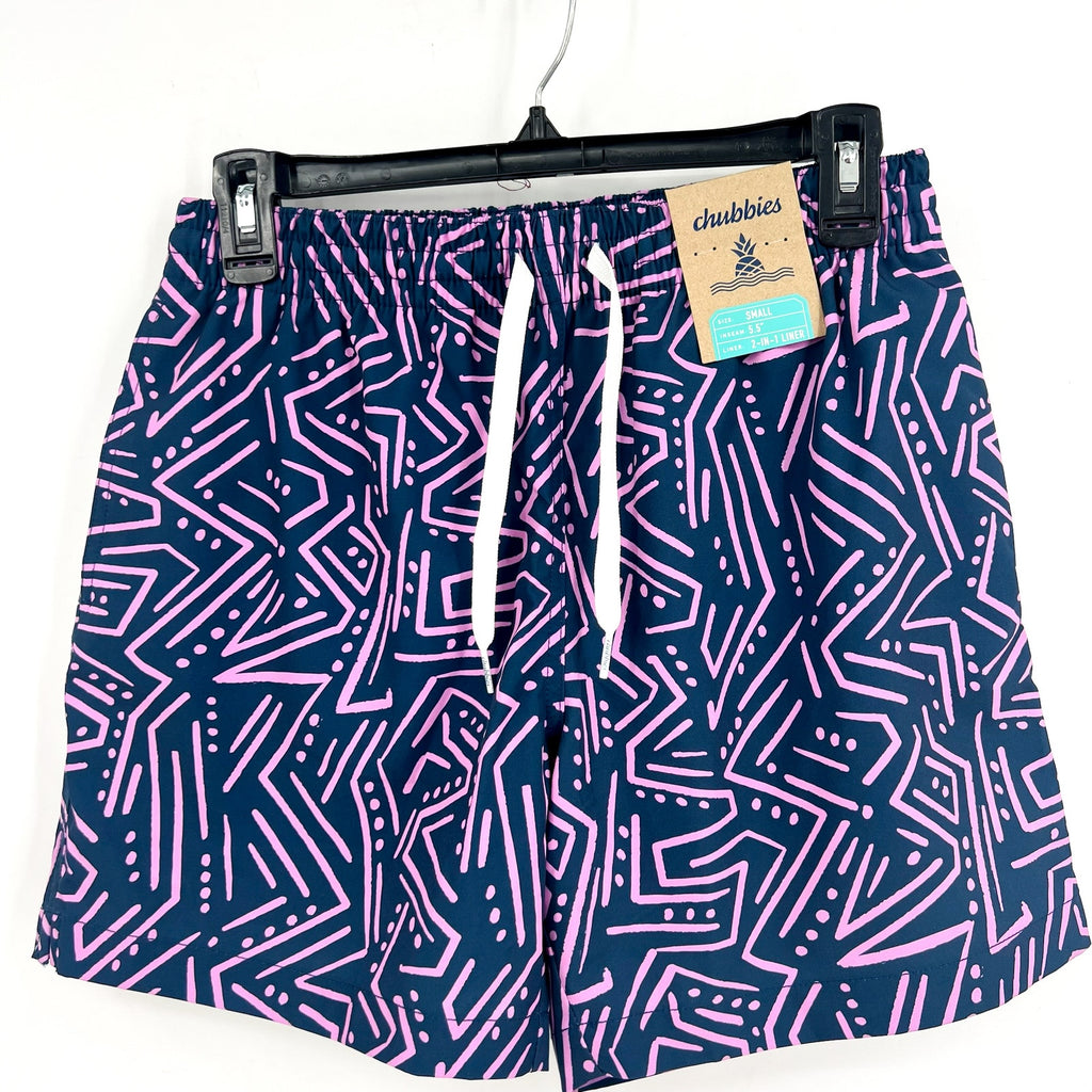CHUBBIES Mens Dark Marzipans Classic Lined Swim Trunks Small Navy Geometric NWT