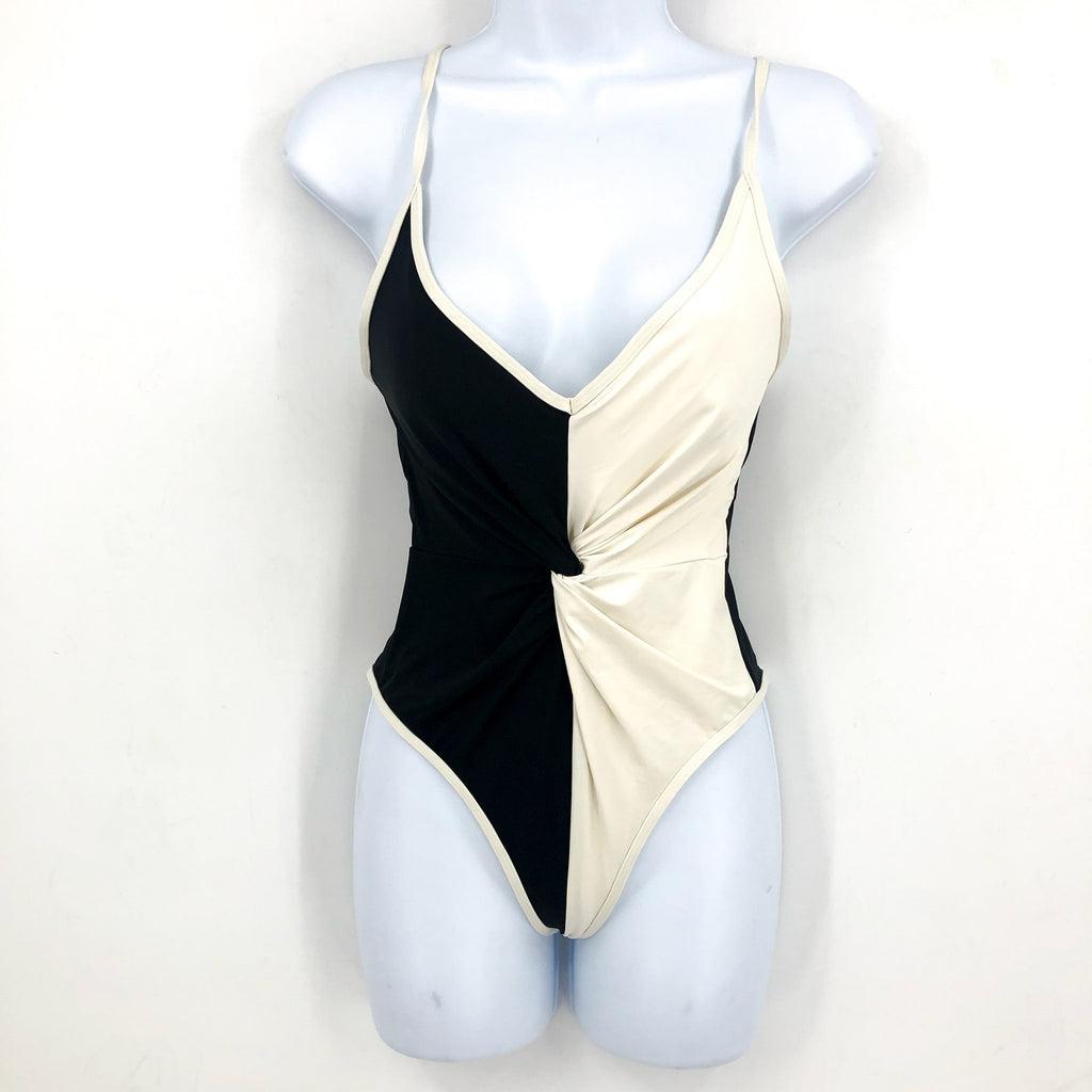 L*SPACE Women's Devi Classic One Piece Swimsuit Small Black Cream Colorblock NWT