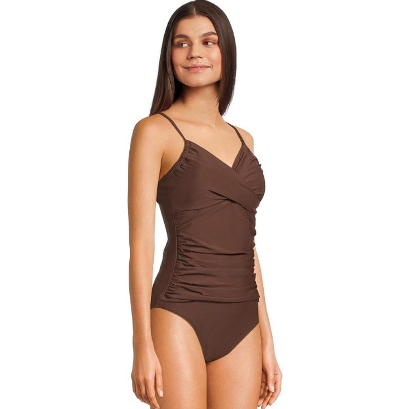 SUNSETS Women's Simone Tankini Top Small Tiki Brown Cross-Over Front Swim NWOT