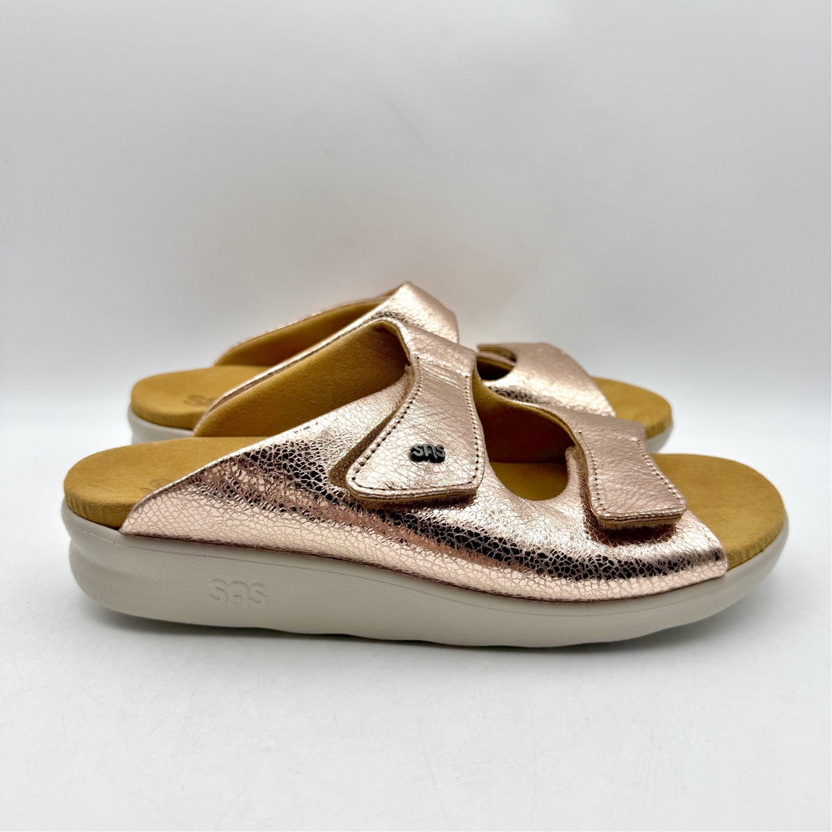 SAS Womens Cozy Adjustable Slide Sandals Size 9 Wide Pink Metallic Leather NIB