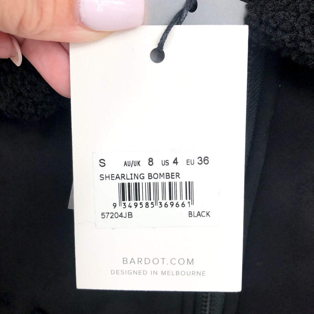 BARDOT Women's Shearling Bomber Jacket Small US 4 Black Faux Suede Cropped NWT