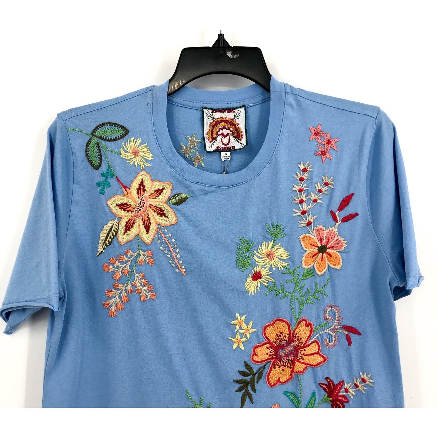 JOHNNY WAS Womens Raw Seam T-Shirt Small Blue Ishani Embroidered Floral NWT