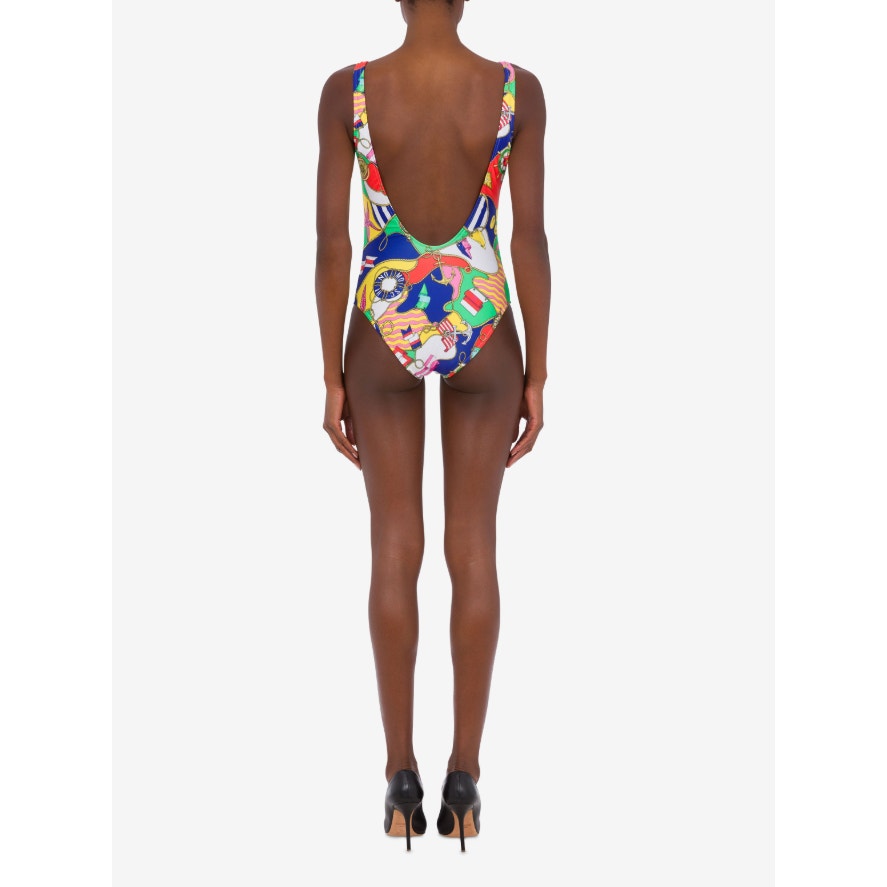 MOSCHINO Women's Allover Nautical Print One Piece Swimsuit Size 6 Red Blue NWOT