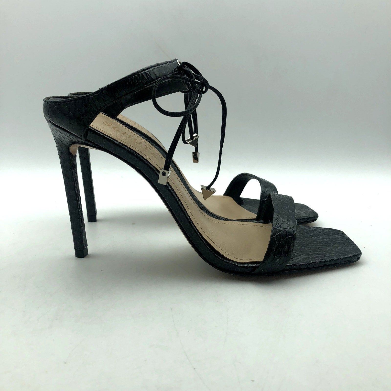 SCHUTZ Womens Mavis Heel Sandal Size 8.5 Black Snake Shine Leather NIB