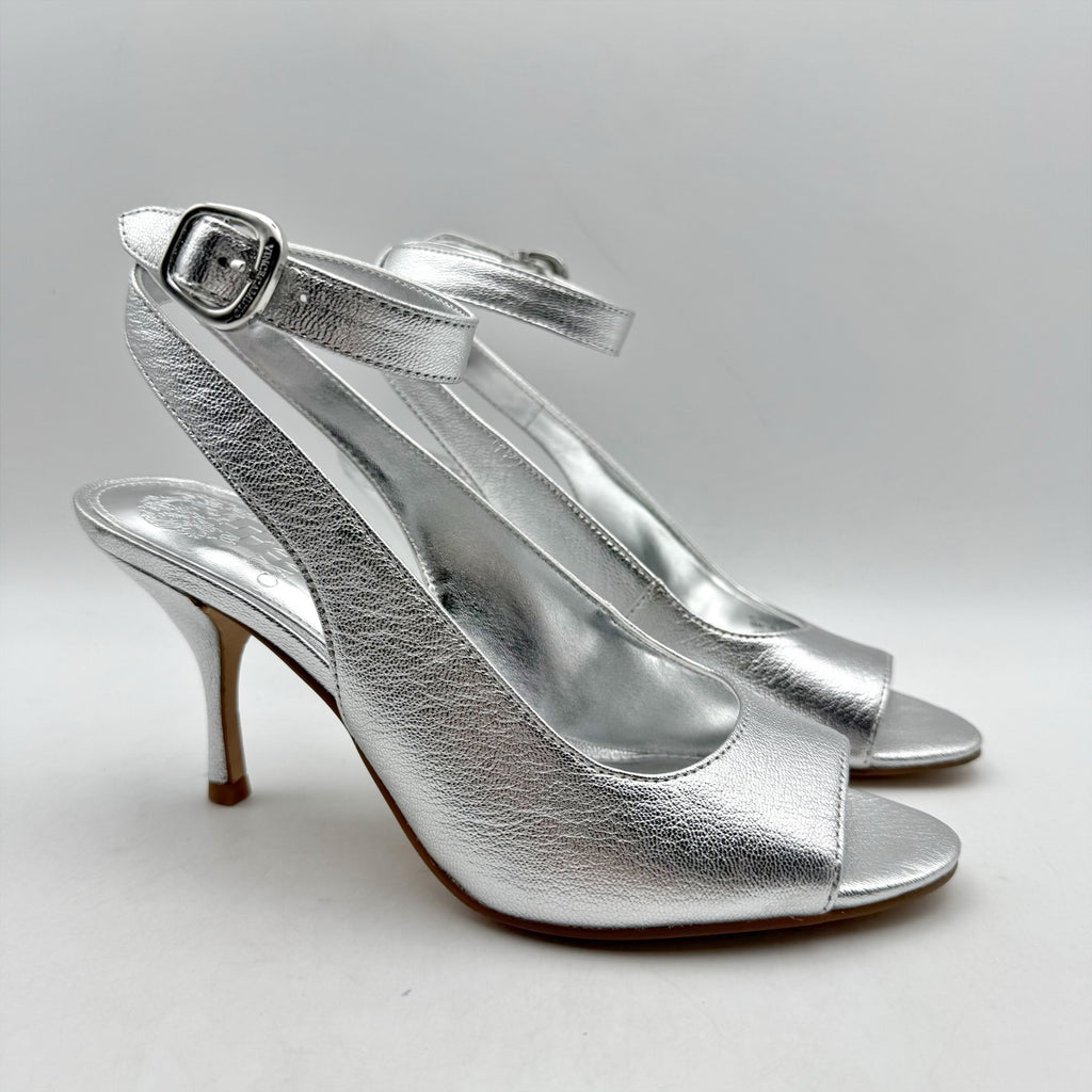 Vince Camuto Womens Pavles Ankle Strap Heeled Sandals Size 6 Silver Leather NIB