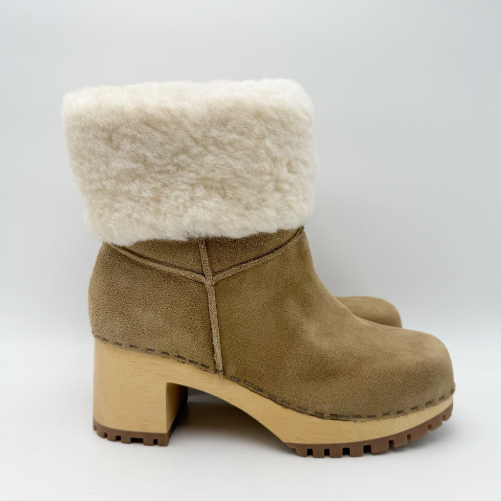 MIA Clogs Womens Jildie Boots Size M Beige Tan Suede Fur Trim NWOB