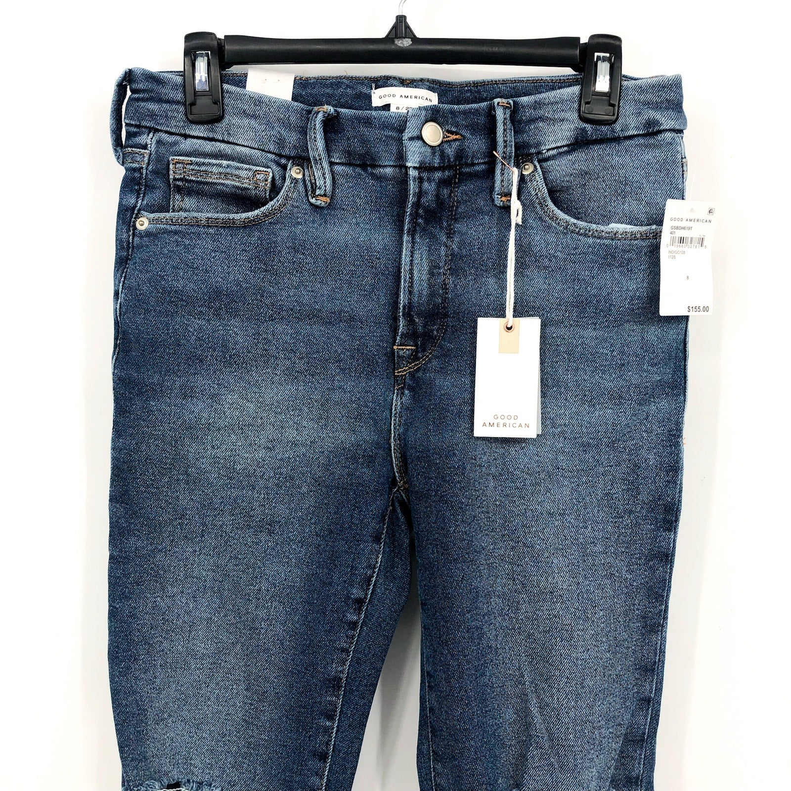 GOOD AMERICAN Good Straight Ripped Ankle Jeans Size 29 US 8 Indigo Blue NWT