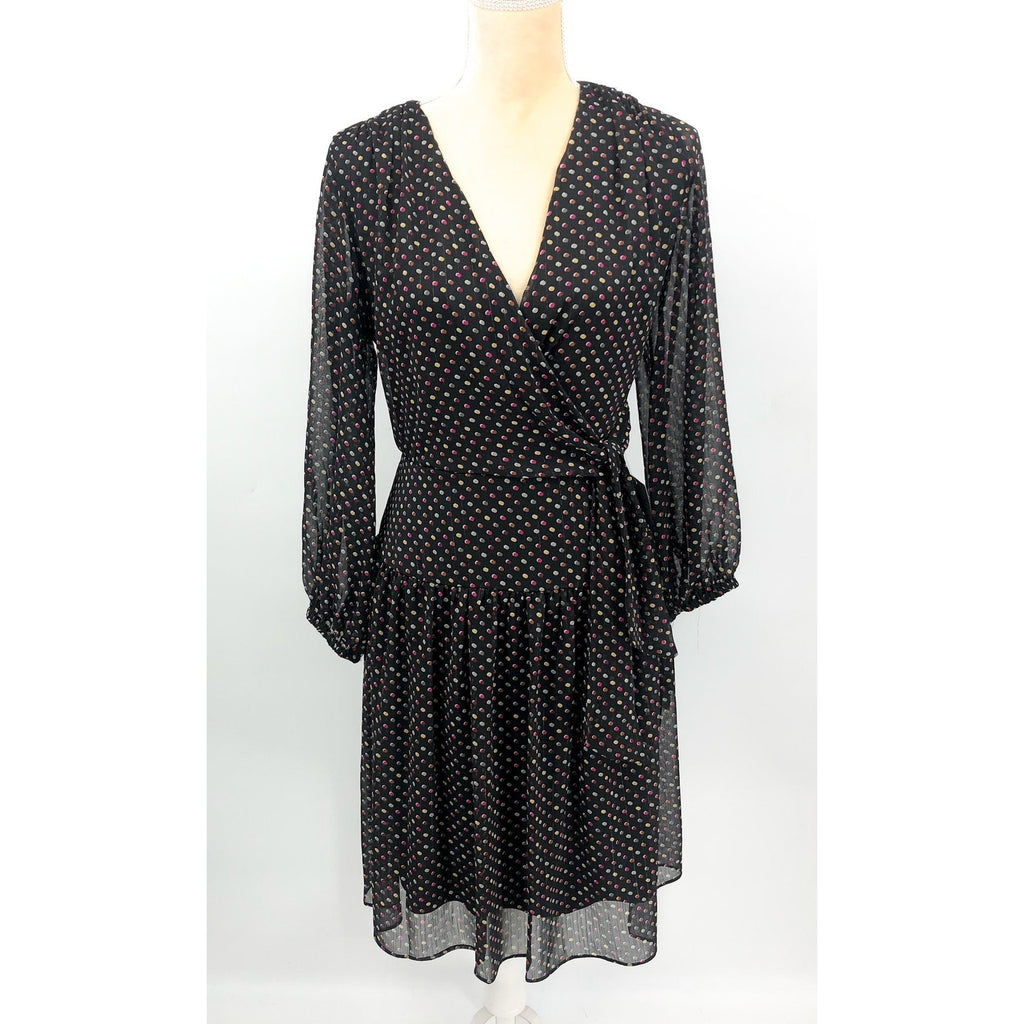 SIGNATURE BY ROBBIE BEE Faux Wrap Dress 10 Black Multi Polka Dot 3/4 Sleeve NWT