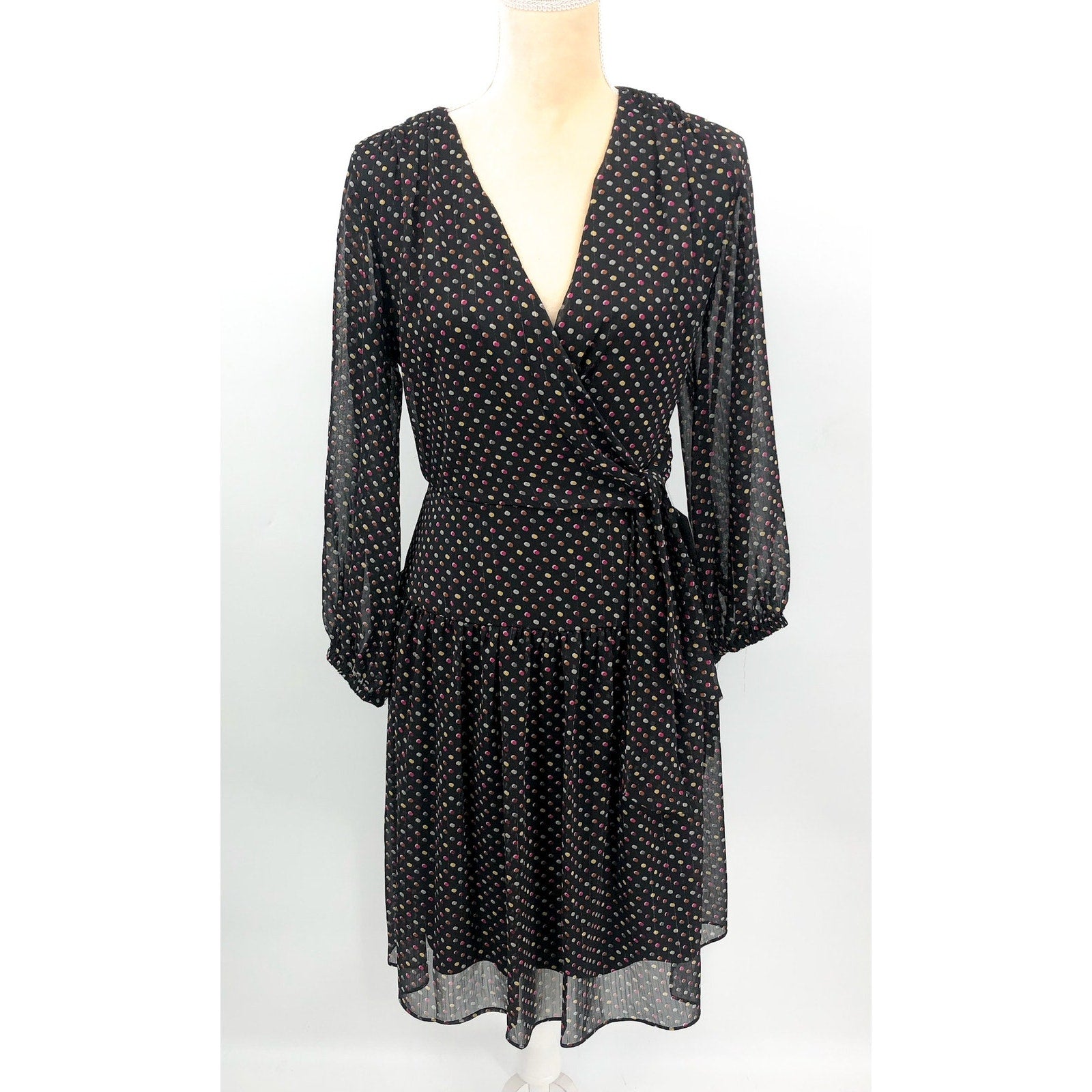 SIGNATURE BY ROBBIE BEE Faux Wrap Dress 10 Black Multi Polka Dot 3/4 Sleeve NWT