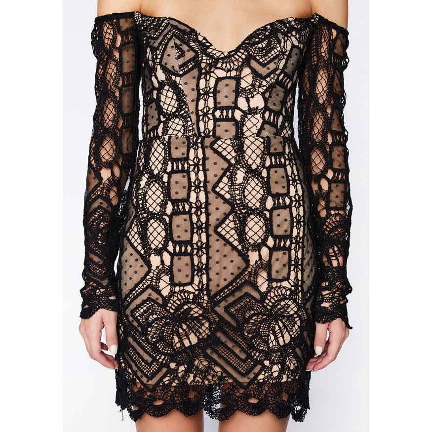 BARDOT Women's Zendaya Mini Lace Dress Large Black Nude Off Shoulder NWT