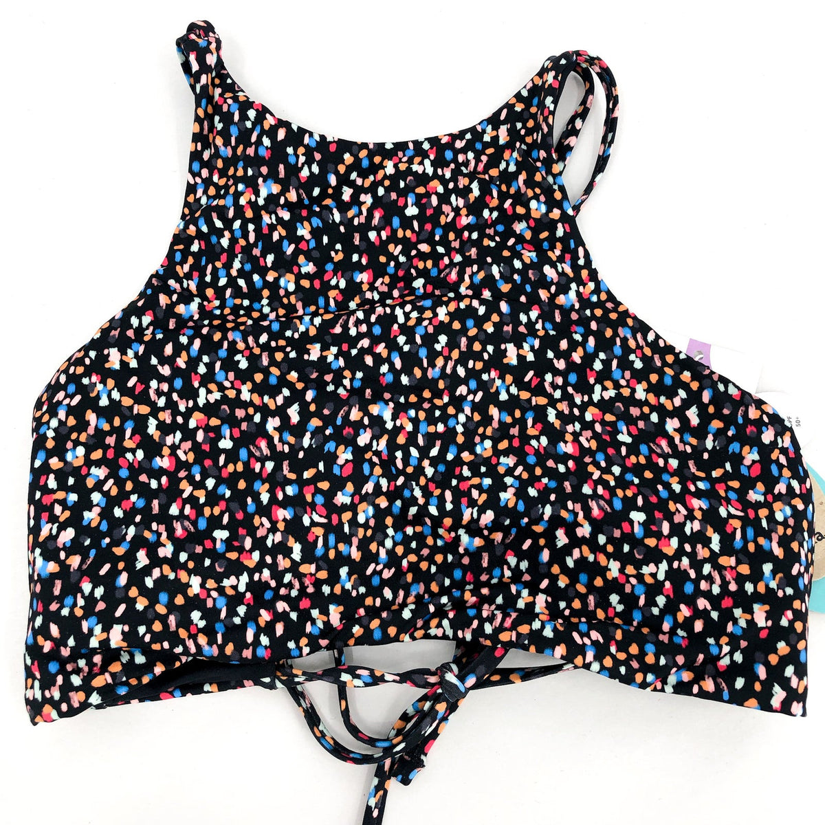 PRANA Women's Onyx Bay Bikini Top XS Black Alotta Dots High Neck NWT
