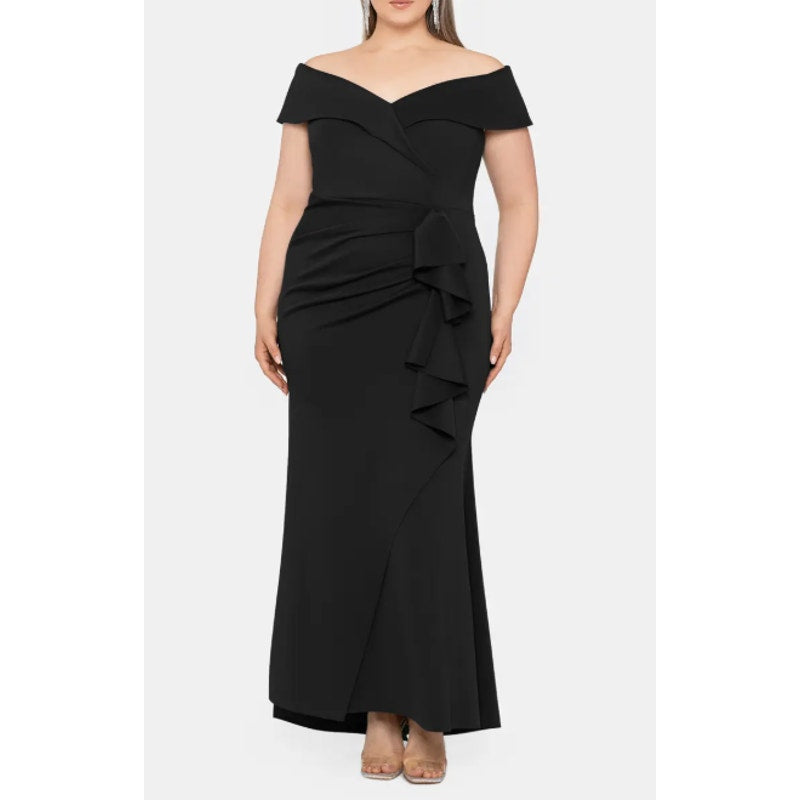 XSCAPE Women's Scuba Off The Shoulder Gown Size 14 Black Ruffle Crepe NWT