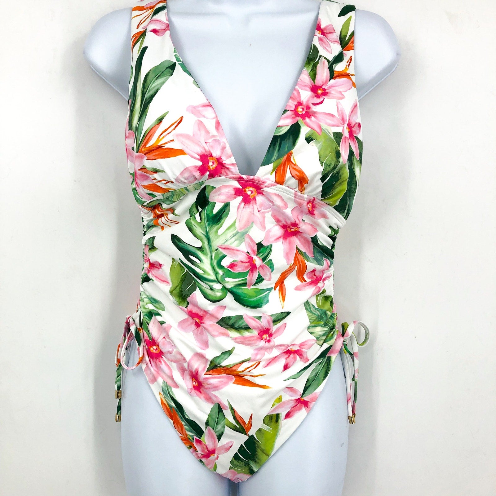 LAUREN RALPH LAUREN Plunge One Piece Swimsuit Size 12 White Tropical Floral NWT