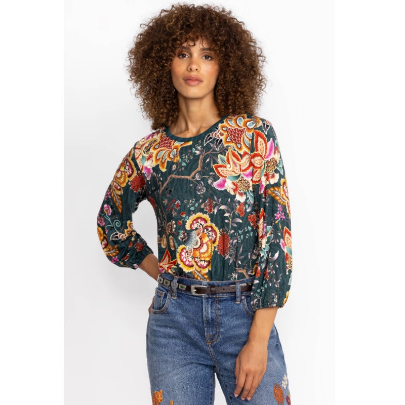 JOHNNY WAS The Janie Favorite Puff Sleeve Knit Tee Medium Green/Multi NWT