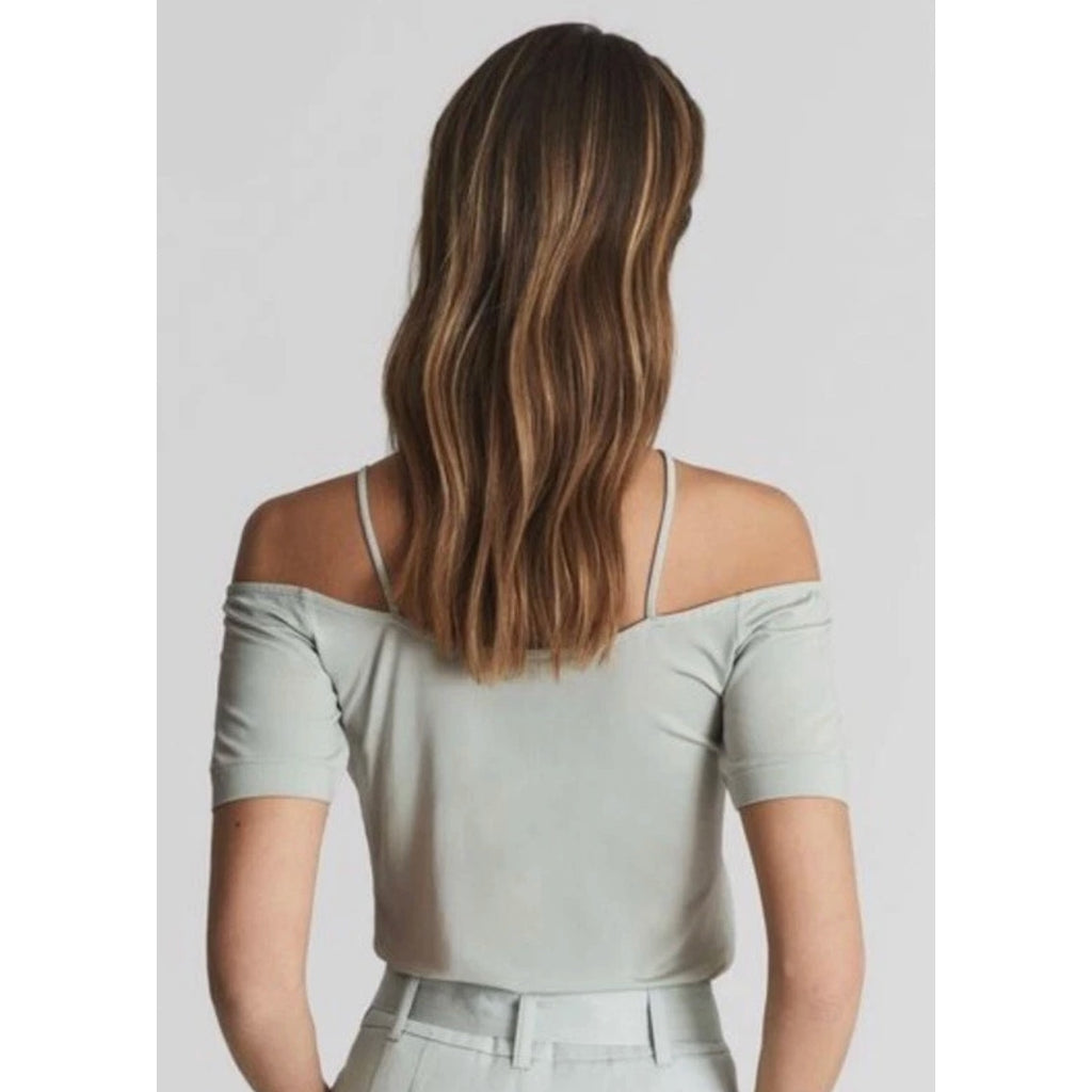 REISS Women's Cierra Strappy Off-Shoulder Short Sleeve Top Medium Light Green NWOT
