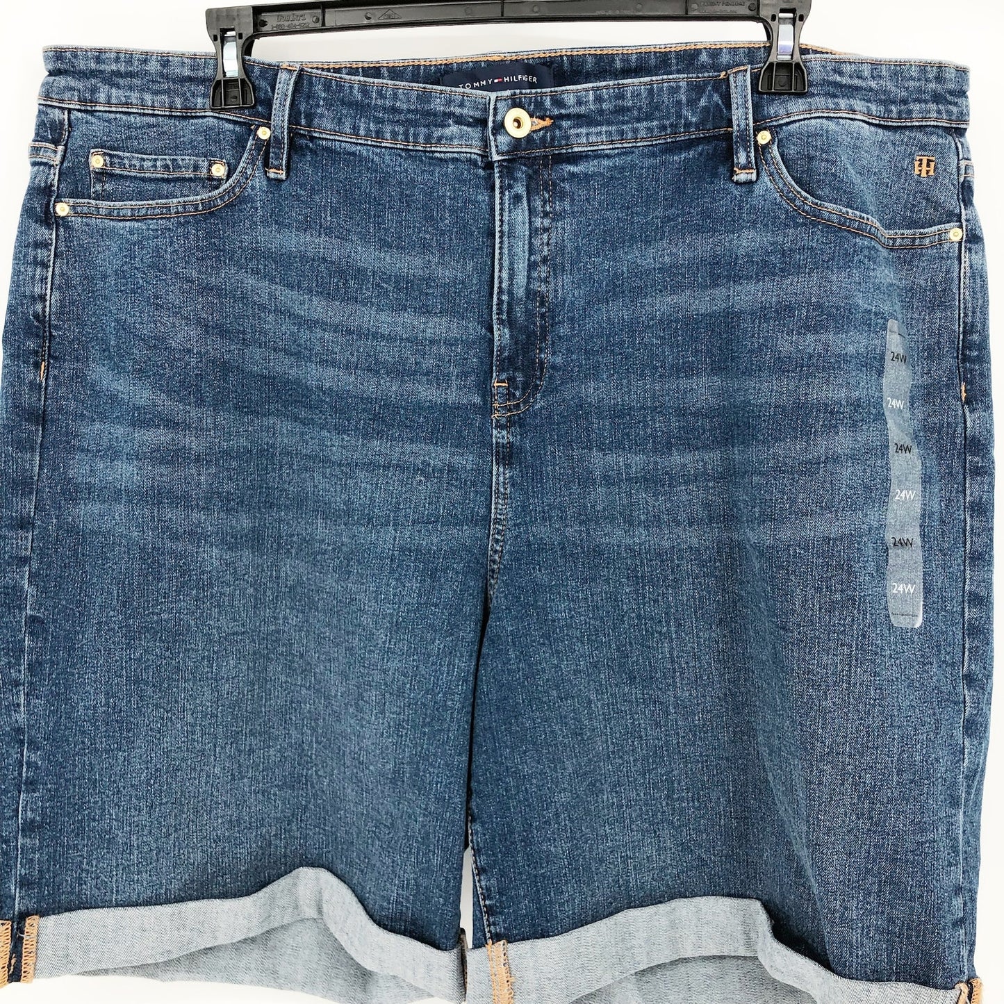 TOMMY HILFIGER Women's TH Flex Denim Shorts 24W Blue Cuffed 9" Inseam Cuffed NWT