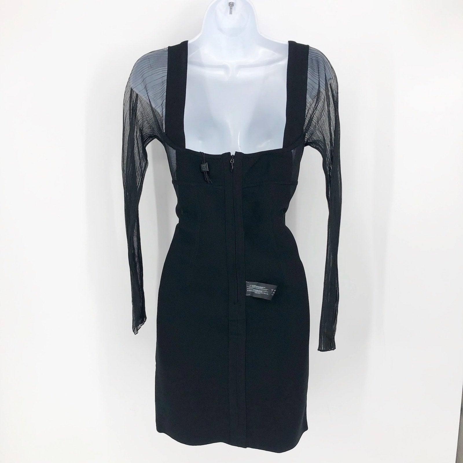 HERVE LEGER PARIS Intarsia Bustier Mini Dress Large Black Sheer Sleeve NWT