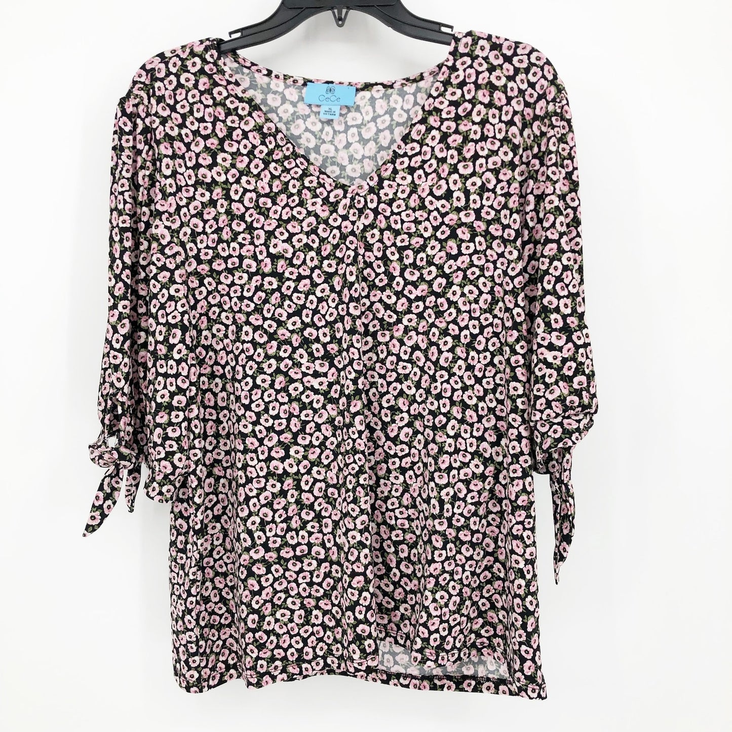 Cece Womens Floral V Neck Blouse Top XL Pink Black Tie Sleeve Pullover NWT