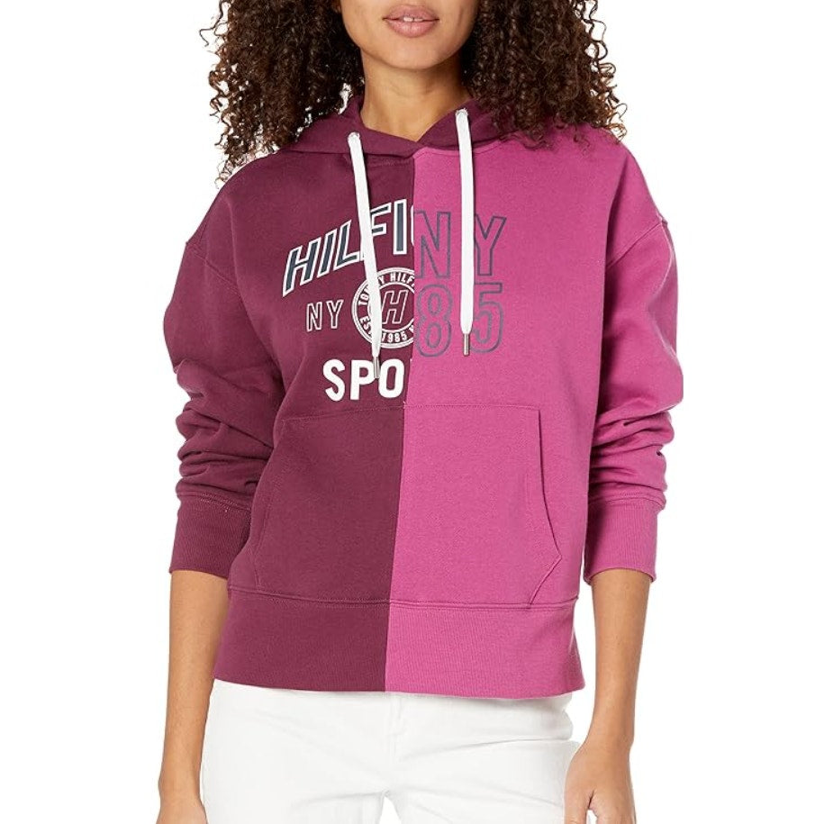 TOMMY HILFIGER SPORT Women's Colorblock Split Logo Hoodie XL Purple Crewneck NWT