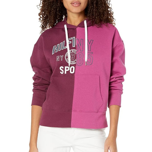 TOMMY HILFIGER SPORT Women's Colorblock Split Logo Hoodie XL Purple Crewneck NWT