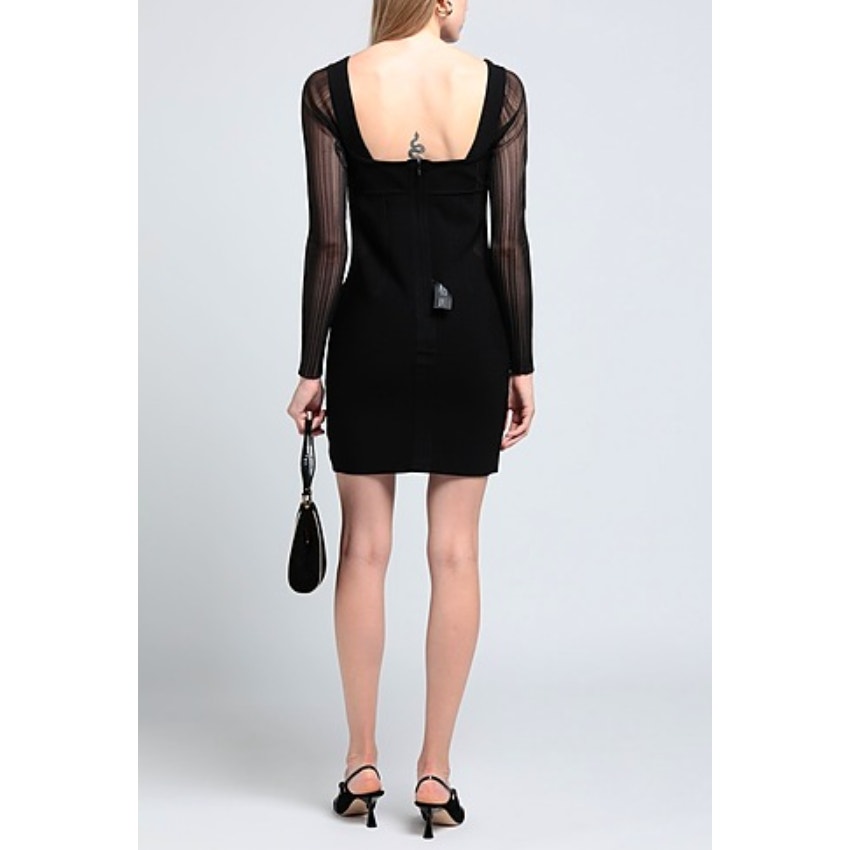 HERVE LEGER PARIS Intarsia Bustier Mini Dress Large Black Sheer Sleeve NWT