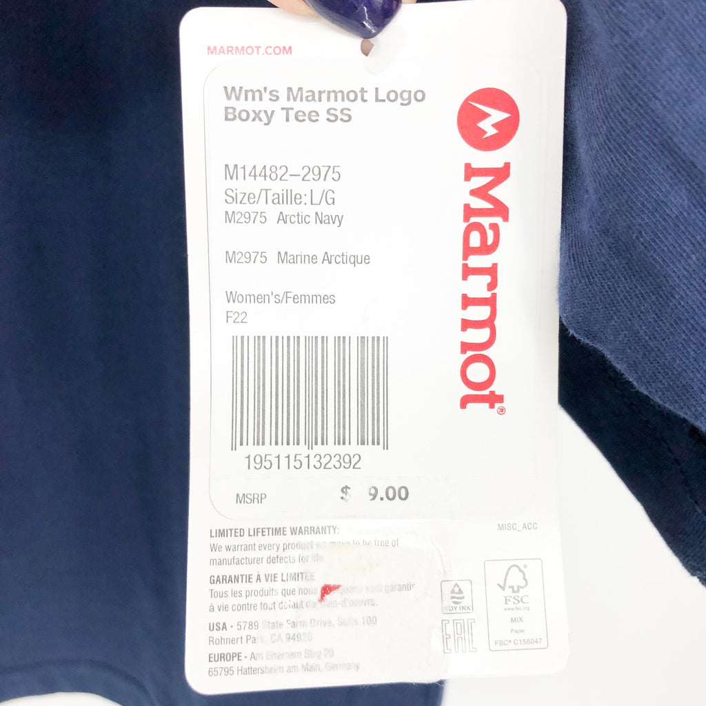 MARMOT Women's Boxy Logo Cotton Crop T-Shirt Large Blue Short Sleeve NWT
