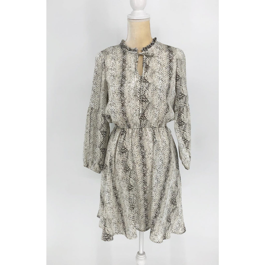 Gibson Womens Dress XS Grey Snake Print Blouson Ruffle Trim Keyhole Mini NWT